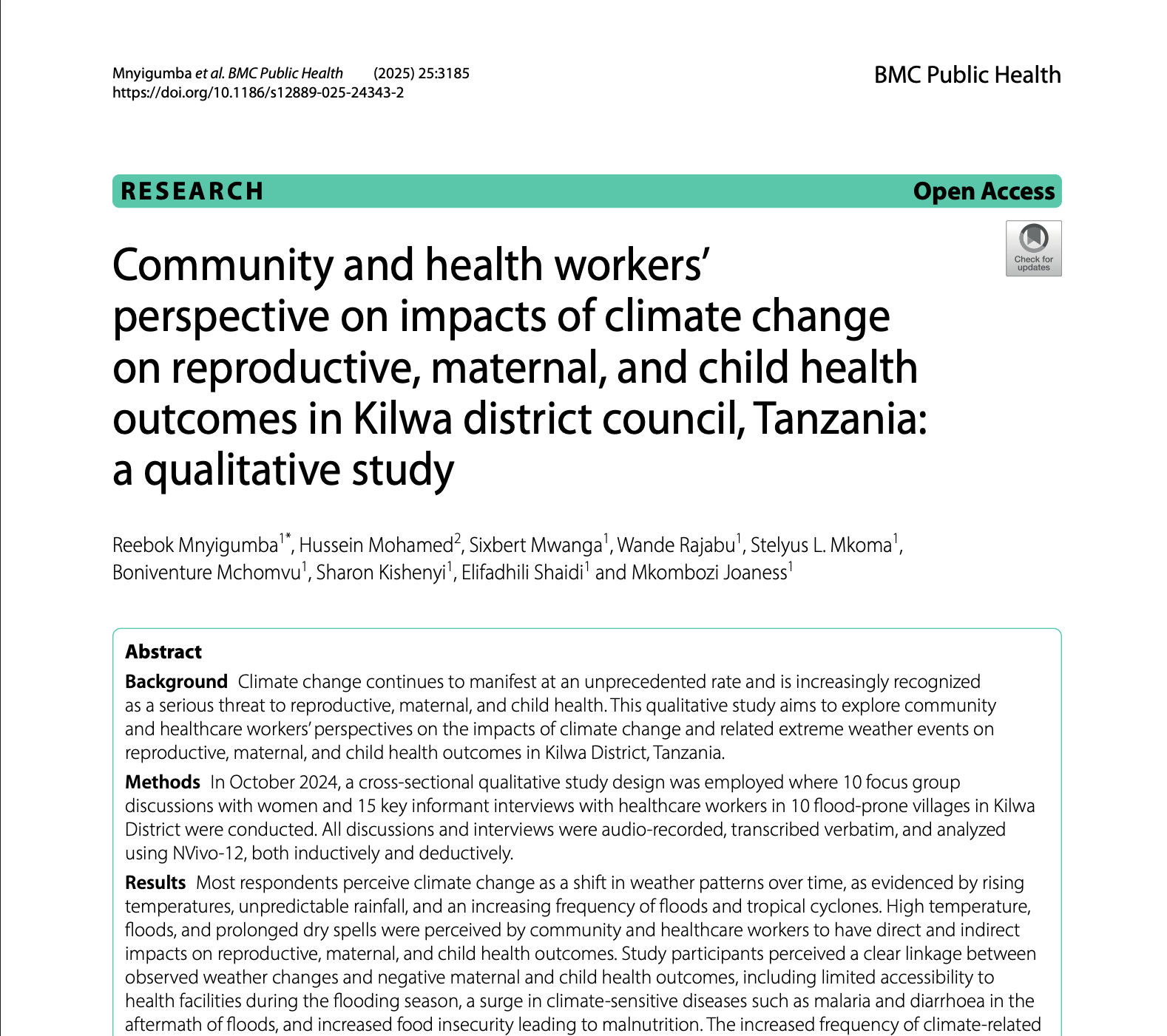 Community and health workers’ perspective on impacts of climate change on reproductive, maternal, and child health outcomes in Kilwa district council, Tanzania: a qualitative study